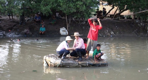 fishnet and styrofoam makeshift boat