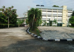 dormitory and apartments behind the basketball court