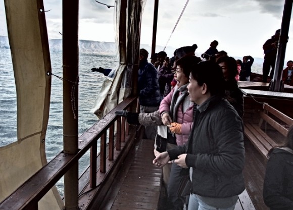 Feeding the seagulls at lake of Galilee