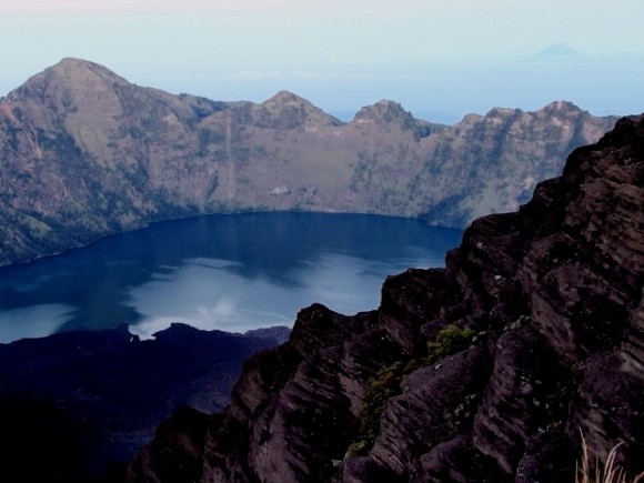 Craggy rocky slope overlooking the caldera lake