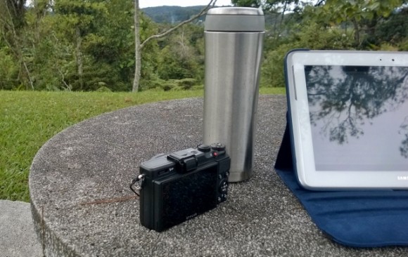 A camera, a hot flask, my trusty Samsung Note - Bible and journal and sketchbook in one.