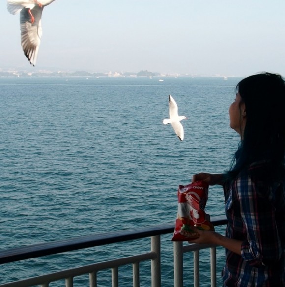 Feeding the seagulls prawn crackers.