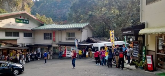 Tourist bus station and restaurants and shops.