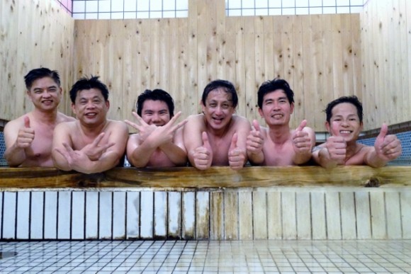 Guys in the onsen of a hotel next door