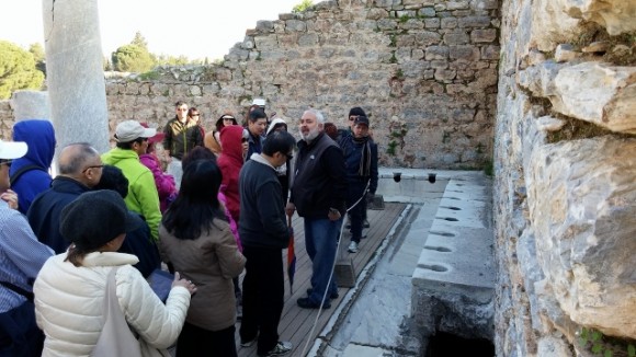 20150412_085340 (640x360) Excellent informative guide telling us about ancient Ephesus toilets that St Paul probably used!