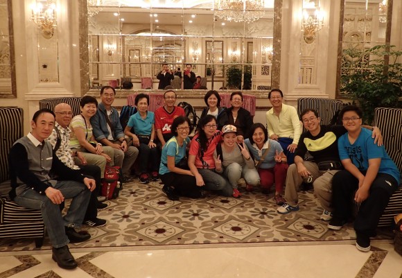 The hiking group with Linda, the leader, stooping at extreme left.