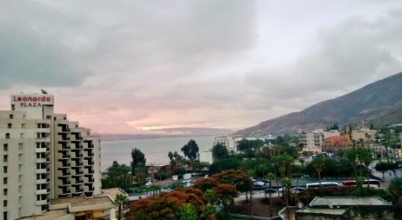 Looking out of the hotel balcony to the sea of Galilee.