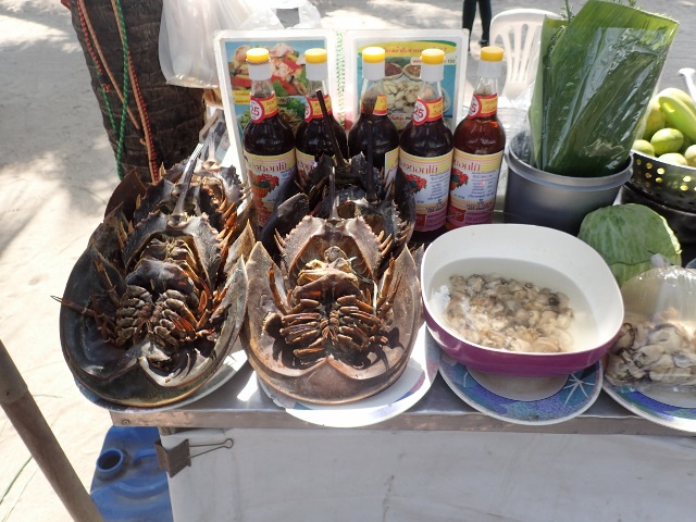 They serve horseshoe crab eaten mainly for its roe.