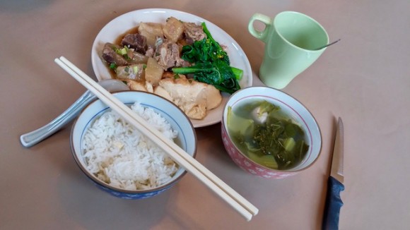 Home cooked healthy Cantonese food was served at lunch and dinner. Breakfast was bread, butter , jam and peanut butter